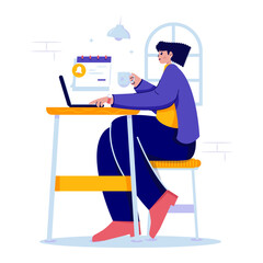 A girl working on laptop with appointment notification vector illustration