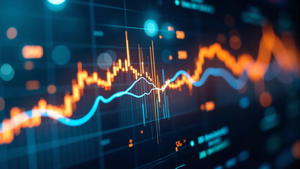 Futuristic financial data graph glowing on digital screen interface with abstract city lights background, ideal for finance technology, stock analytics, cryptocurrency, and smart data concept visuals
