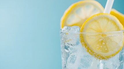 Soda water with lemon and ice cubes in glass on light blue background