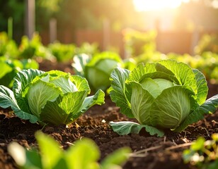 Fresh cabbages in garden bed