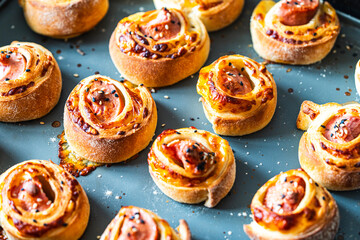 Sausage in dough, freshly baked mini rolls of puff pastry with cheese and sausage inside on a gray background.