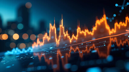 Futuristic financial data graph glowing on digital screen interface with abstract city lights background, ideal for finance technology, stock analytics, cryptocurrency, and smart data concept visuals
