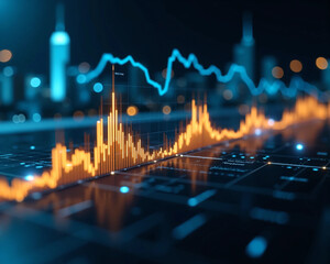 Futuristic financial data graph glowing on digital screen interface with abstract city lights background, ideal for finance technology, stock analytics, cryptocurrency, and smart data concept visuals