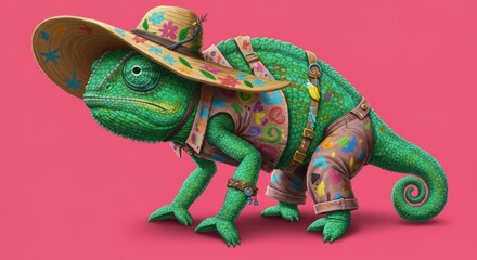 Funny chameleon painter wearing colorful hat and clothes on vibrant pink background for whimsical children's designs
