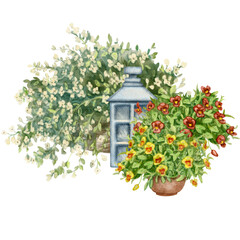 Vintage lantern with white, red and yellow flowers. Watercolor illustration of an old portable lamp and plants on a white background. Garden and home decor. For flower shops or postcards.