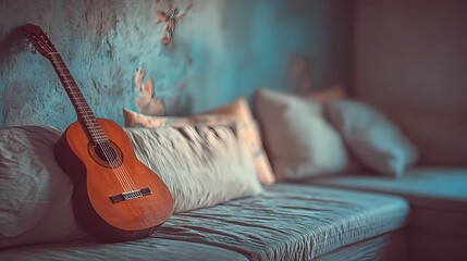 Still life of a guitar nestled on a cushioned seat, combining musical presence with a soft, calm setting.