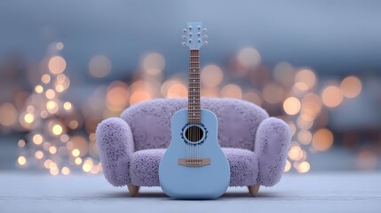 Still life of a guitar nestled on a cushioned seat, combining musical presence with a soft, calm setting.