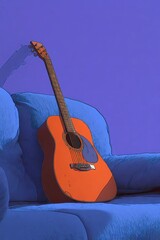 Still life of a guitar nestled on a cushioned seat, combining musical presence with a soft, calm setting.