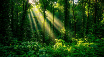 Fototapeta premium Sunlight streams through a lush, green forest, illuminating the dense foliage and creating a serene, natural scene with vibrant colors.