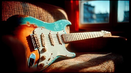Still life of a guitar nestled on a cushioned seat, combining musical presence with a soft, calm setting.