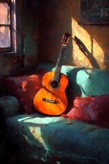 Still life of a guitar nestled on a cushioned seat, combining musical presence with a soft, calm setting.