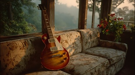 Still life of a guitar nestled on a cushioned seat, combining musical presence with a soft, calm setting.