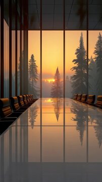 Modern conference room with panoramic sunset view