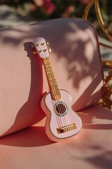 Still life of a guitar nestled on a cushioned seat, combining musical presence with a soft, calm setting.