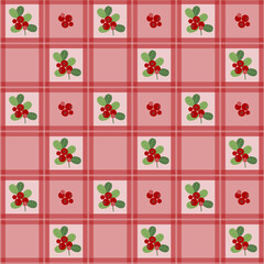 Lingonberry plaid, checkered seamless pattern with red berries.