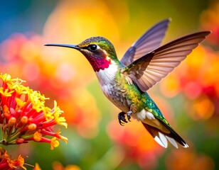Fototapeta premium Vibrant hummingbird in flight near bright flowers