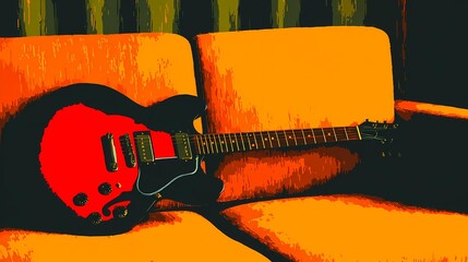 Still life of a guitar nestled on a cushioned seat, combining musical presence with a soft, calm setting.