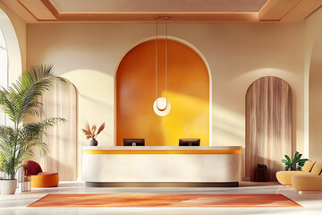 Modern lobby with arched entryways and warm lighting