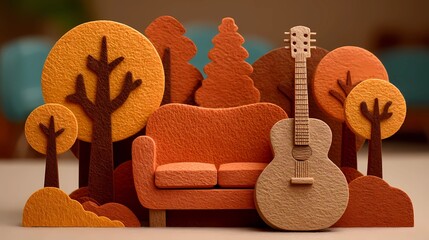 Still life of a guitar nestled on a cushioned seat, combining musical presence with a soft, calm setting.