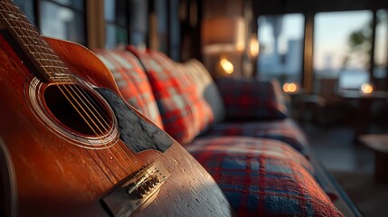 Still life of a guitar nestled on a cushioned seat, combining musical presence with a soft, calm setting.