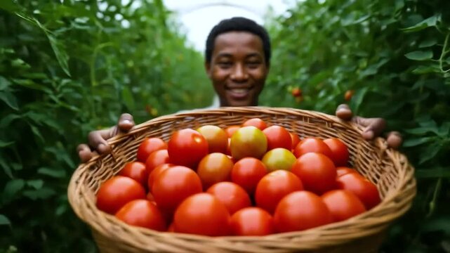 Smiling farmer holding basket of ripe tomatoes