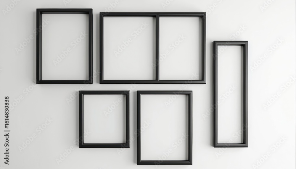 Poster minimalist arrangement of five empty black frames on clean white wall. assortment includes square, r