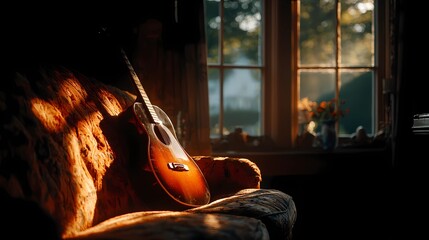 Still life of a guitar nestled on a cushioned seat, combining musical presence with a soft, calm setting.