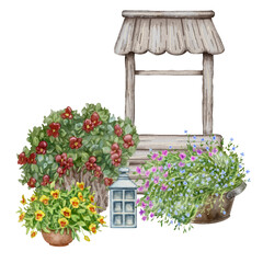 Rustic water well, vintage lantern and three colorful flowering bushes. Watercolor hand drawn illustration of lush foliage, field flowers and wooden well, isolated on white background.