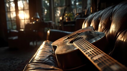 Still life of a guitar nestled on a cushioned seat, combining musical presence with a soft, calm setting.