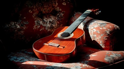 Still life of a guitar nestled on a cushioned seat, combining musical presence with a soft, calm setting.