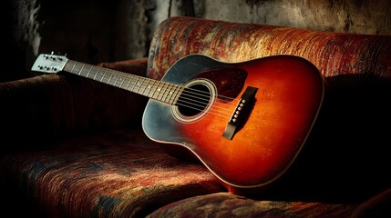 Still life of a guitar nestled on a cushioned seat, combining musical presence with a soft, calm setting.