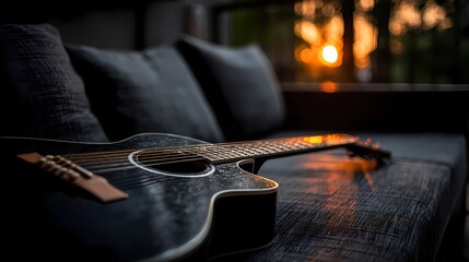 Still life of a guitar nestled on a cushioned seat, combining musical presence with a soft, calm setting.