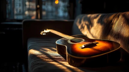 Still life of a guitar nestled on a cushioned seat, combining musical presence with a soft, calm setting.