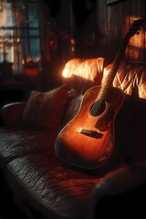 Still life of a guitar nestled on a cushioned seat, combining musical presence with a soft, calm setting.