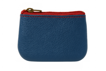 Blue leather coin purse featuring red zipper accent, isolated against transparent backdrop, highlighting compact accessory design