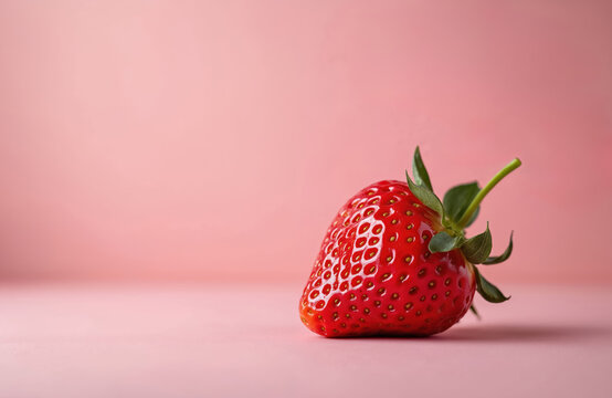 Single ripe red strawberry with imperfect shape sits on pastel pink background. Close-up view of funny, deformed fruit promotes food waste awareness concept. Healthy, organic, homegrown produce.