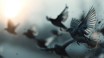 Obraz premium A close-up of a bird in mid-flight with wings spread wide, surrounded by blurred birds against a bright, soft background.