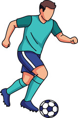 A stylized illustration of a male soccer player in a turquoise jersey and dark blue shorts, actively dribbling a soccer ball.