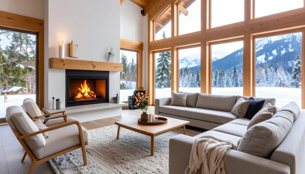 Cozy living room with fireplace, large windows showcasing snowy mountain view