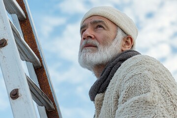 Side view of a mature man climbing a ladder, representing strength, activity, and the spirit of determination in older age, Generative AI