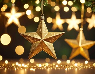 Gold star ornament, holiday lights, blurred background