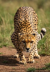 Fototapeta premium Leopard Walking in Natural Grassland with Focused Gaze and Vibrant Fur
