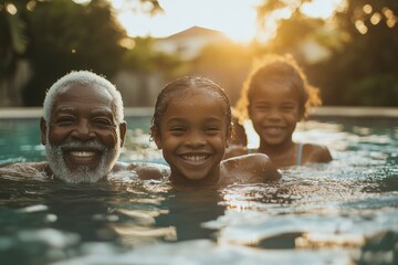 Multi-generational family enjoying swimming together in a backyard pool during a summer holiday, highlighting family bonding and leisure, Generative AI