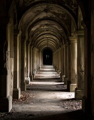 Long Dark Hallway in Abandoned Building with Weathered Stone Columns