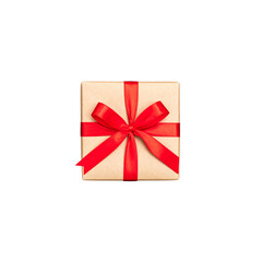 Generative AI illustration of top view of box wrapped in red ribbon placed on black surface covered with bright dots