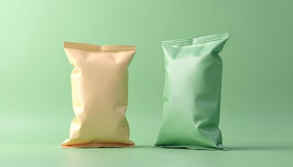 Minimalist chip bag mockup featuring two-tone colors, cream, green, with modern packaging visuals. Ideal for snack brands, blank template offers versatile design options for food products, retail
