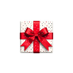 Generative AI illustration of top view of box wrapped in red ribbon placed on black surface covered with bright dots