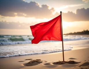 Red warning flag on a beach at sunset