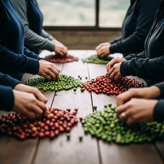 Multiple people hand-sorting fresh green and red coffee cherries on a wooden table indoors during post-harvest quality control process.
