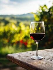 Red wine glass on a wood table with soft focus vineyard landscape background